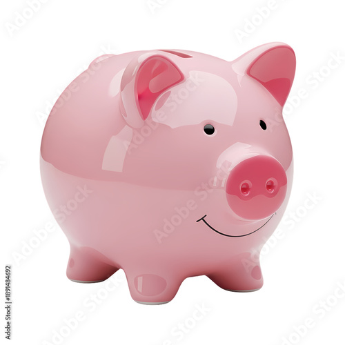 Pink piggy bank with a smiling face and coin slot on top, a symbol of saving money and finance on transparent background. on transparent background