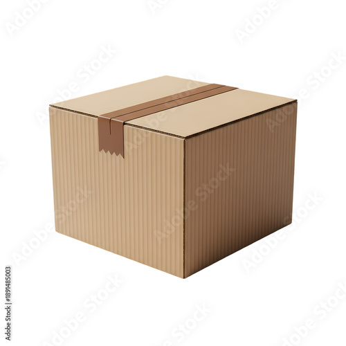 A sturdy corrugated cardboard box sealed with brown tape on transparent background
