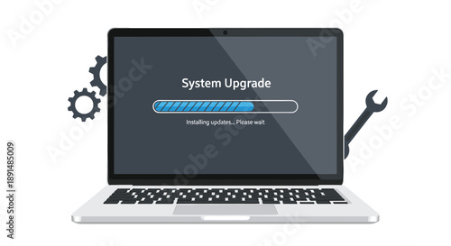 Laptop Computer showing a System Upgrade Screen with a Progress Bar and Industrial Tools. Software Maintenance.