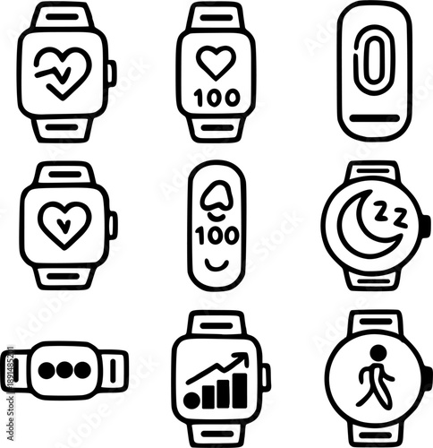 Wearable Health Tracker Icons Set – Smartwatch, Fitness Band, Heart Rate, Steps, Sleep Monitoring Line Vector