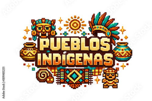 Colorful retro pixel art celebrating indigenous culture and traditions