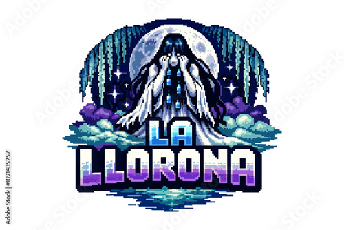 Retro style la llorona with moonlit night and weeping ghost in pixel art