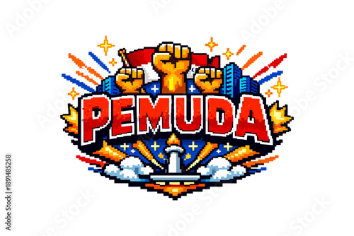 Pixel art tribute to youth: vibrant fists and tower emblem