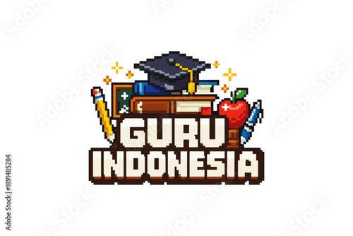 Pixel art education icon: books, graduation cap, apple, and pencil