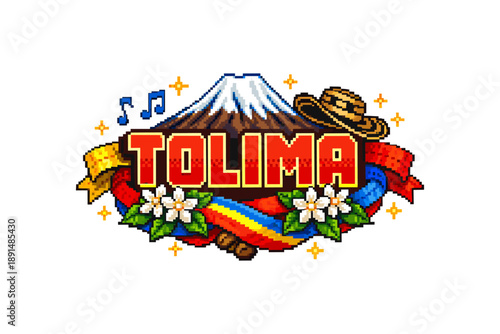 Tolima mountain pixel art with traditional colombian hat and floral decorations