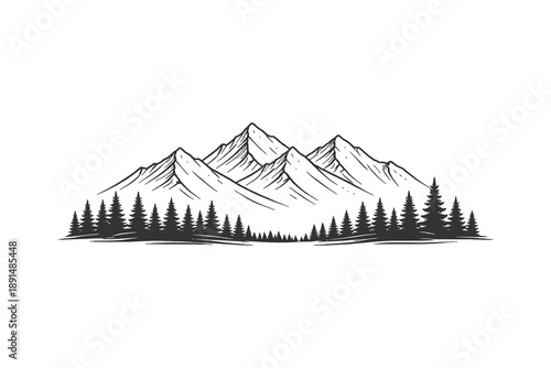 Majestic mountain peaks landscape vector illustration in vintage woodcut style featuring a dense pine forest at the base under a clear sky background.