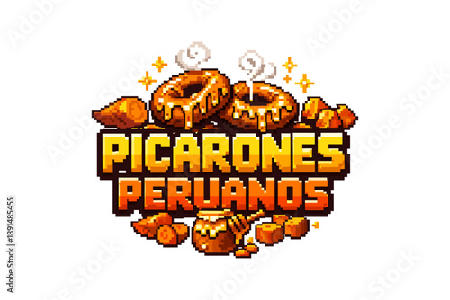 Pixel art picarones: delicious peruvian donuts with sweet sauce and sparkles