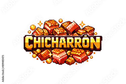 Pixel art chicharrón: crispy golden pork bites with sparkling detail