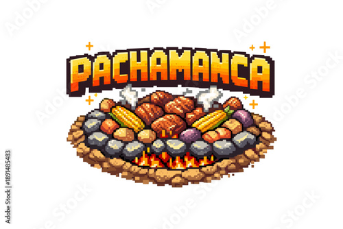 Colorful pachamanca feast design in pixel art style with vibrant details