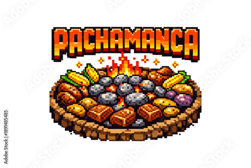 Traditional pachamanca feast in retro pixel art style