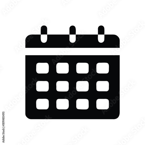 Black vector calendar icon design representing a business schedule or monthly agenda page used as a symbol for a year event, daily appointment reminder, or holiday date plan

Would you like me to gene