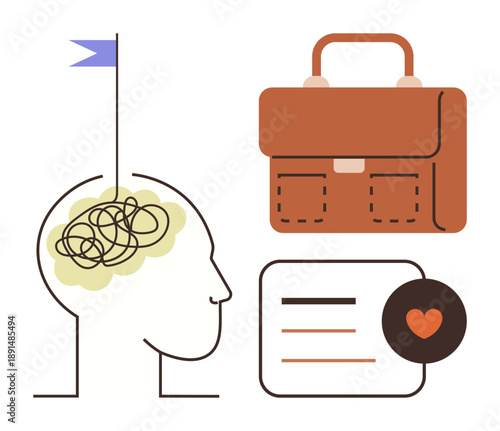 Mental health, productivity, work-life balance, personal growth, emotional wellbeing, career planning. ion of a head, briefcase and heart icon. Mental health and productivity concept