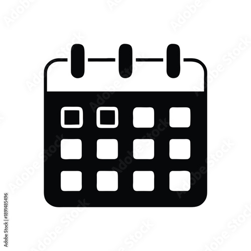 Black calendar icon vector design representing a monthly business schedule and event reminder page with date and time symbols for planning an appointment in a diary or agenda