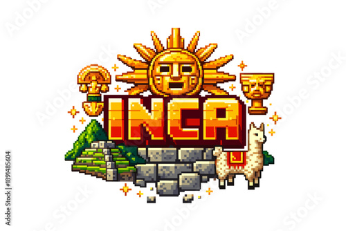Retro pixel art of inca symbols with sun, llama, and ancient artifacts