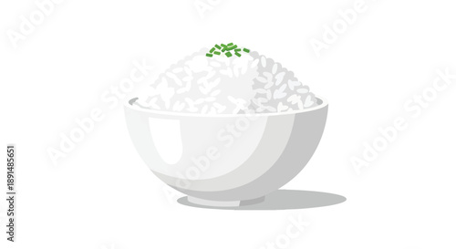 A beautifully served bowl of perfectly cooked fluffy white rice topped with fresh green garnish ready for a delicious meal