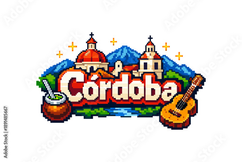 Pixel art cordoba: iconic landmarks and culture with guitar and mate