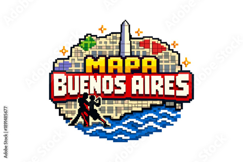 Retro pixel art map of buenos aires with tango dancers and obelisk icon