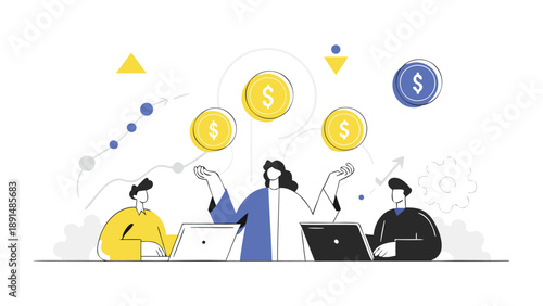 Three professionals collaborating on laptops with floating dollar coins symbolizing financial success and teamwork in a modern office setting with a white background