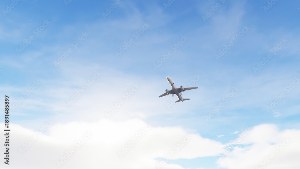Fototapeta premium Airplane impressive landing flying overhead. Airplane flies in blue sky. Travel. Airplane takes off against the background of blue sky.