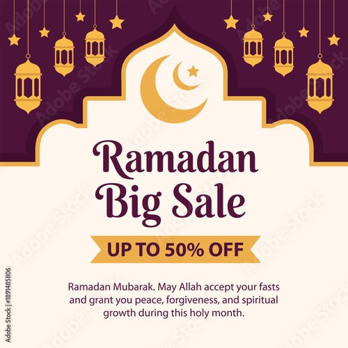 Ramadan big sale banner with lanterns and crescent moon
