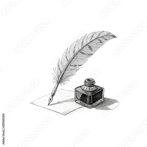 An antique quill pen and feather plume rest beside a vintage glass inkwell bottle for traditional calligraphy writing on old paper