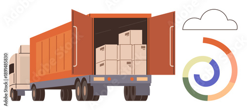 Shipping, logistics, freight management, ecommerce, business analytics, distribution. Open delivery truck loaded with boxes, cloud icon and infographic elements. Shipping and logistics insights