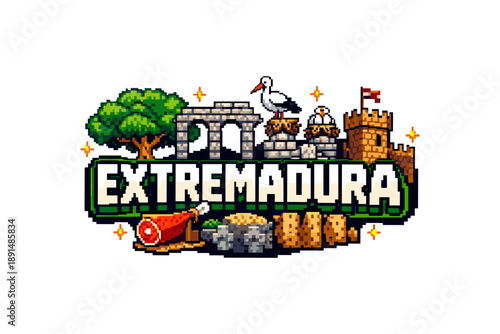 Pixel art extremadura landscape with white stork and landmarks
