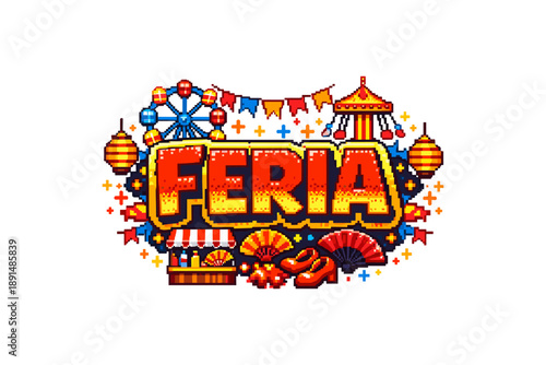 Colorful feria festival design with pixel art style elements and decorations