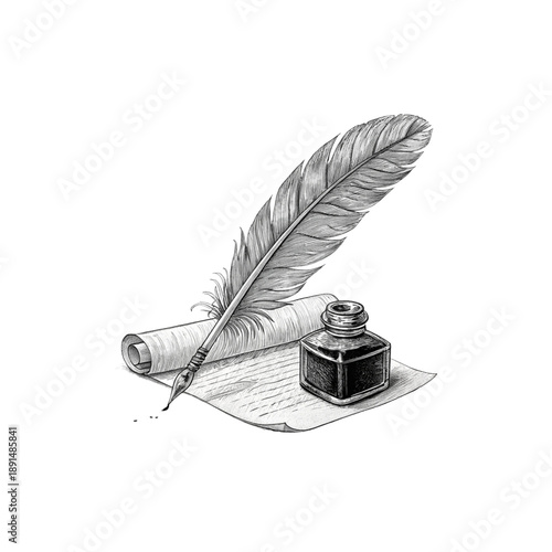 An antique bird feather quill rests beside a vintage black inkwell bottle, creating an isolated calligraphy writing object for literature and drawing on a light white backgroundAn antique bird feather