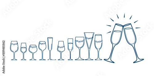 Various shapes of elegant champagne flutes and sparkling wine glasses form a line design suitable for celebration greetings