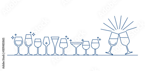 Modern variety of cocktail and wine glasses including martini coupes and clinking toasting flutes for party design template