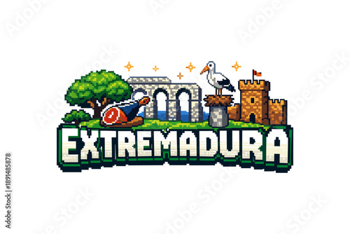 Pixel art landscape of extremadura with landmarks and nature elements