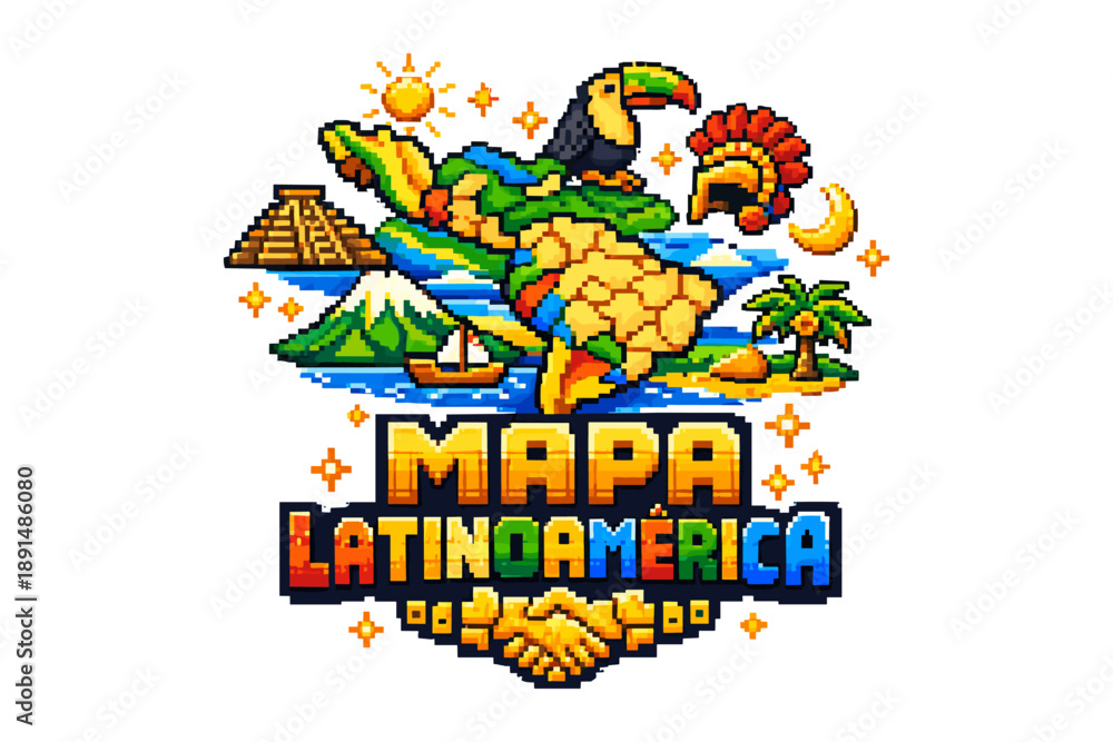 Fototapeta premium Pixel art map of latin america with iconic landmarks and wildlife