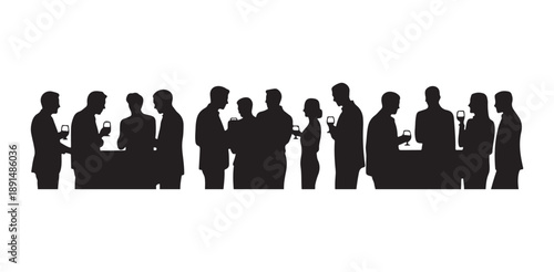 Silhouette of guests standing near long counter or table holding drinks and talking