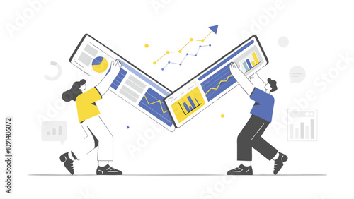 Two coworkers compare data on large screens in a collaborative office setting with graphs and charts