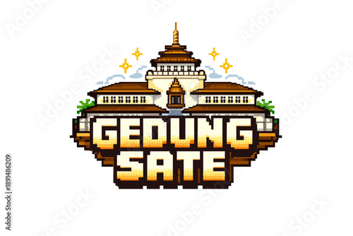 Pixel art of gedung sate with retro game style architecture