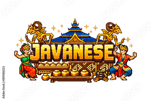 Traditional javanese culture in retro pixel art style featuring dancers and architecture