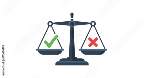 Modern Minimalist Scale of Justice with Balanced Check and Cross Icons. Business Ethics and Choice Concept.