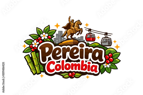Vibrant pereira colombia icon with bamboo and coffee elements