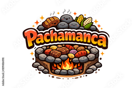 Colorful pachamanca cartoon with smiling stones and delicious ingredients