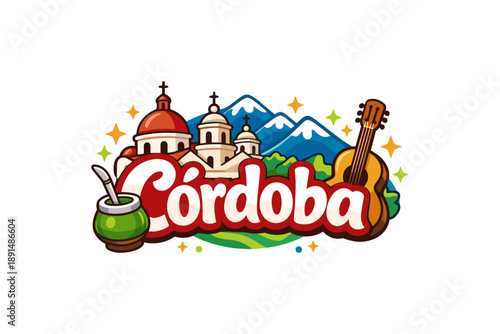 Colorful córdoba landmark design with mountains, churches, and cultural icons