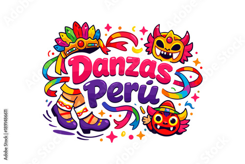 Colorful peruvian dance celebration with masks and festive elements