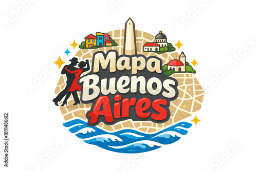 Colorful buenos aires map with tango dancers and iconic landmarks