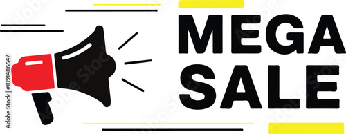 Megaphone announcing a mega sale with bold text and dynamic lines isolated on transparent background