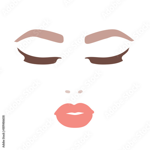 Vector illustration of woman face with closed eyes, lips and eyebrows. Flat minimal beauty concept.