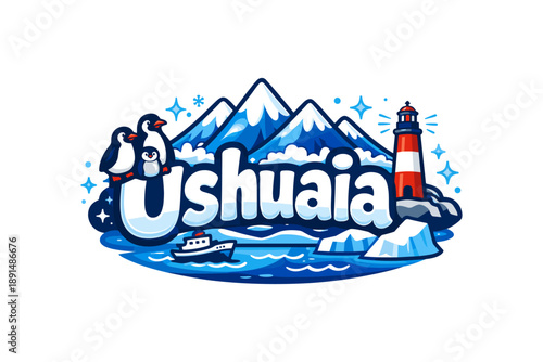 Ushuaia logo with penguins, mountains, and lighthouse in vibrant cartoon style