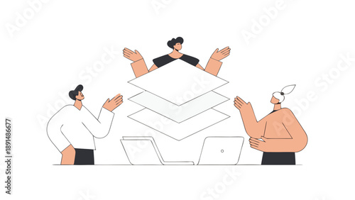 Four innovators collaborate around layered documents and laptops in a modern workspace setting with a minimalist approach