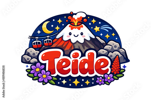 Cute teide volcano cartoon with night sky and cable cars