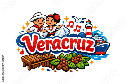 Veracruz celebration with traditional dance, ship, and coffee in vibrant colors