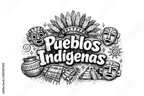 Hand-drawn indigenous culture design with masks, patterns, and symbols